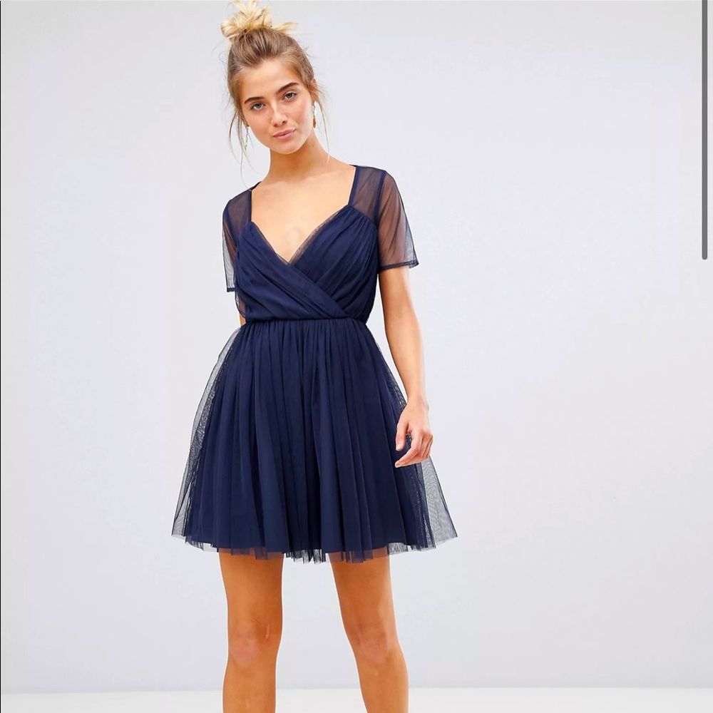 ASOS Tulle Mini Dress with Sheer Sleeves. Navy. Size 4.